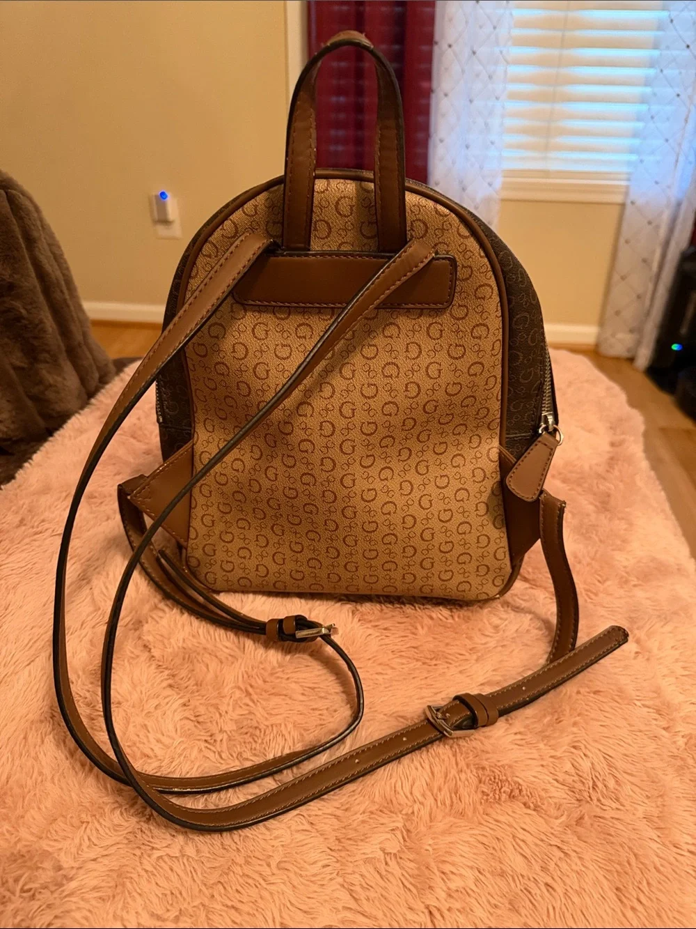 GUESS Brown Monogram Mini Backpack - Brown